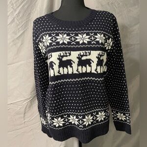 NWOT Anthropologie POL Navy Reindeer and Snowflake Patterned Holiday Sweater
